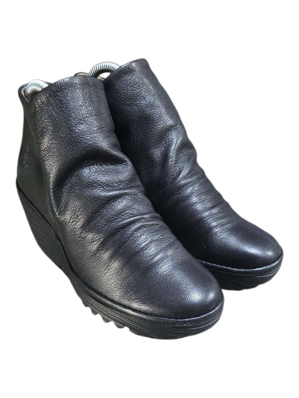 Fly London Yip Black Leather Wedge Ankle Boots Size 6.5